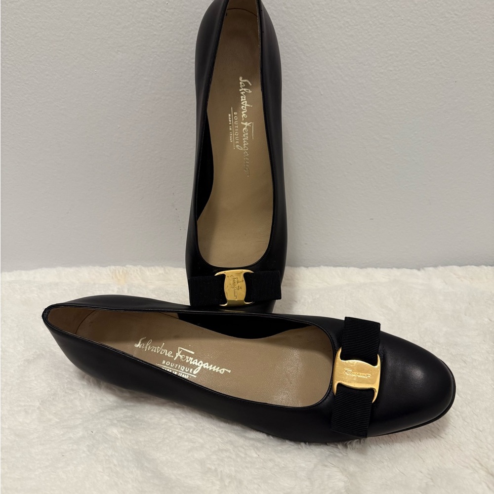 Salvatore Ferragamo Black Low Heel  with Gold Buckle